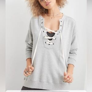 Aerie,NWT, Lace Up Oversized Crew Sweatshirt Heather Gray Size Small